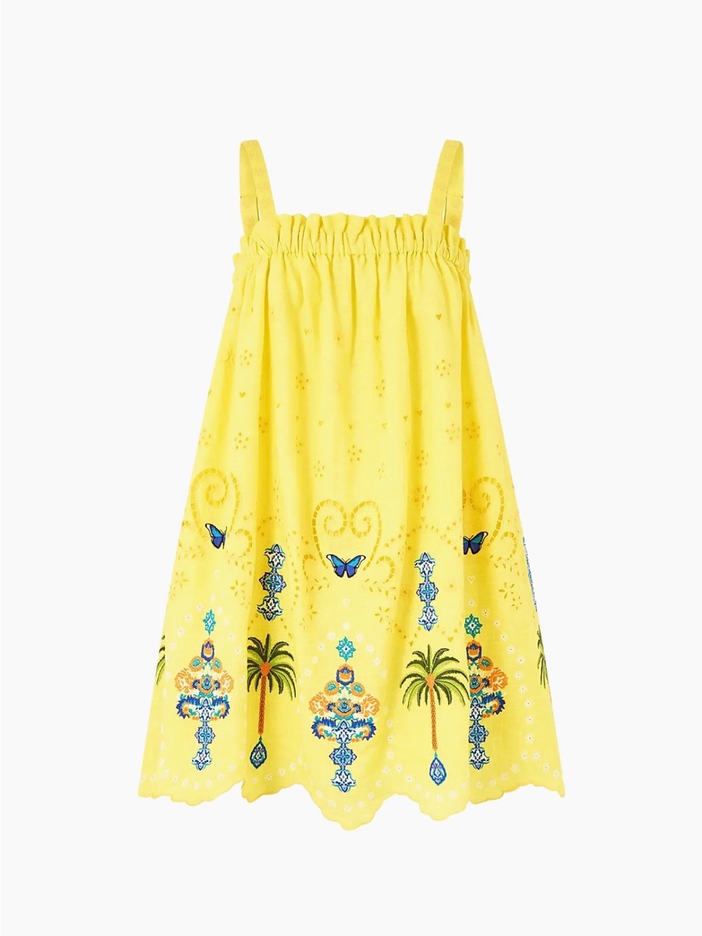 Camilla women’s Yellow Embroidered Sundress with Butterfly & Palm Motif - Picture 2 of 3